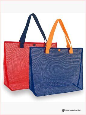 Large Lightweight Mesh Beach Tote Bag 2-Pack with Snap Button Reusable
